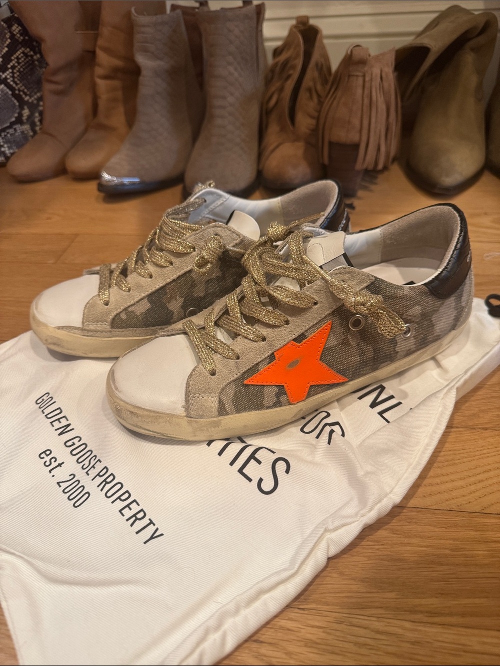 Golden Goose Canvas Camouflage Low-Top Sneakers with Orange Star